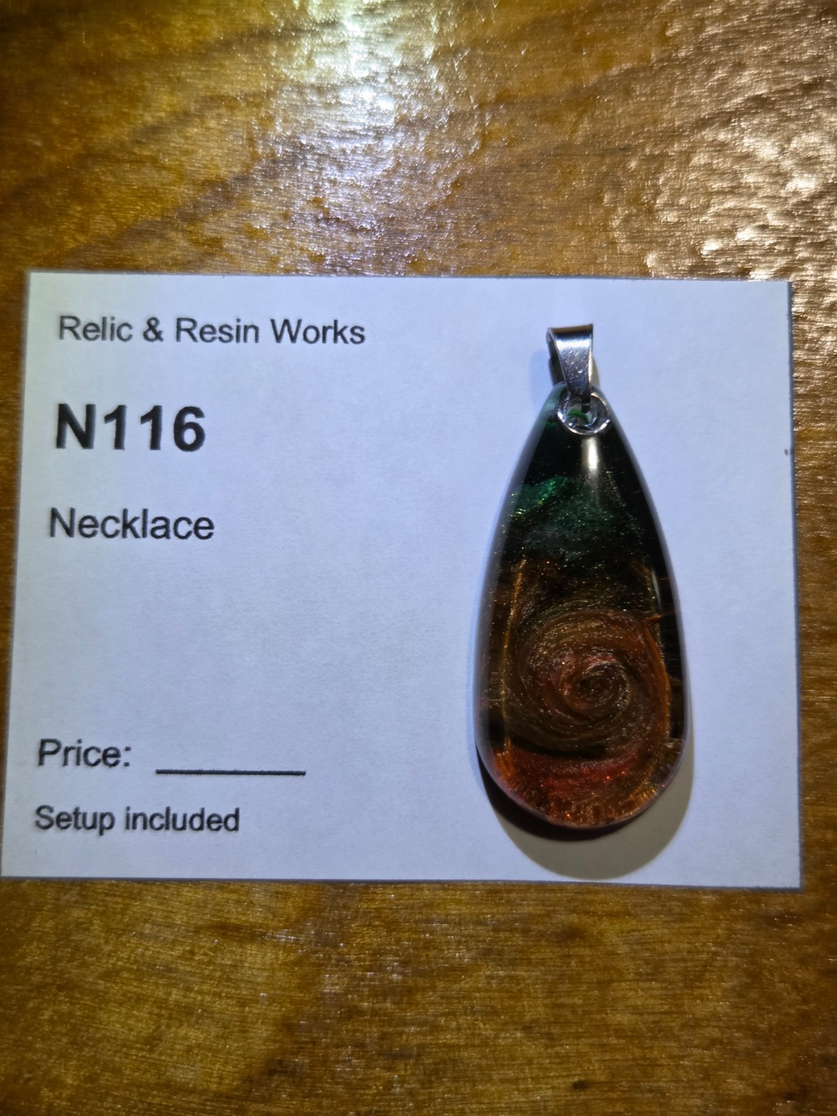 OOAK Green Copper Spiral Resin Teardrop Pendant Handmade N116
