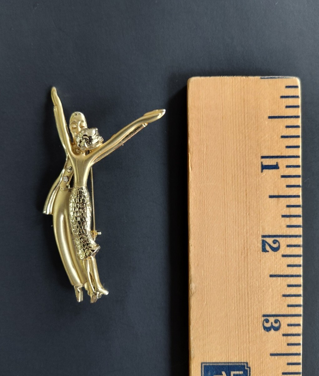Vintage Gold Tone Brooch Male and Female Dancers Pin with Rhinestones