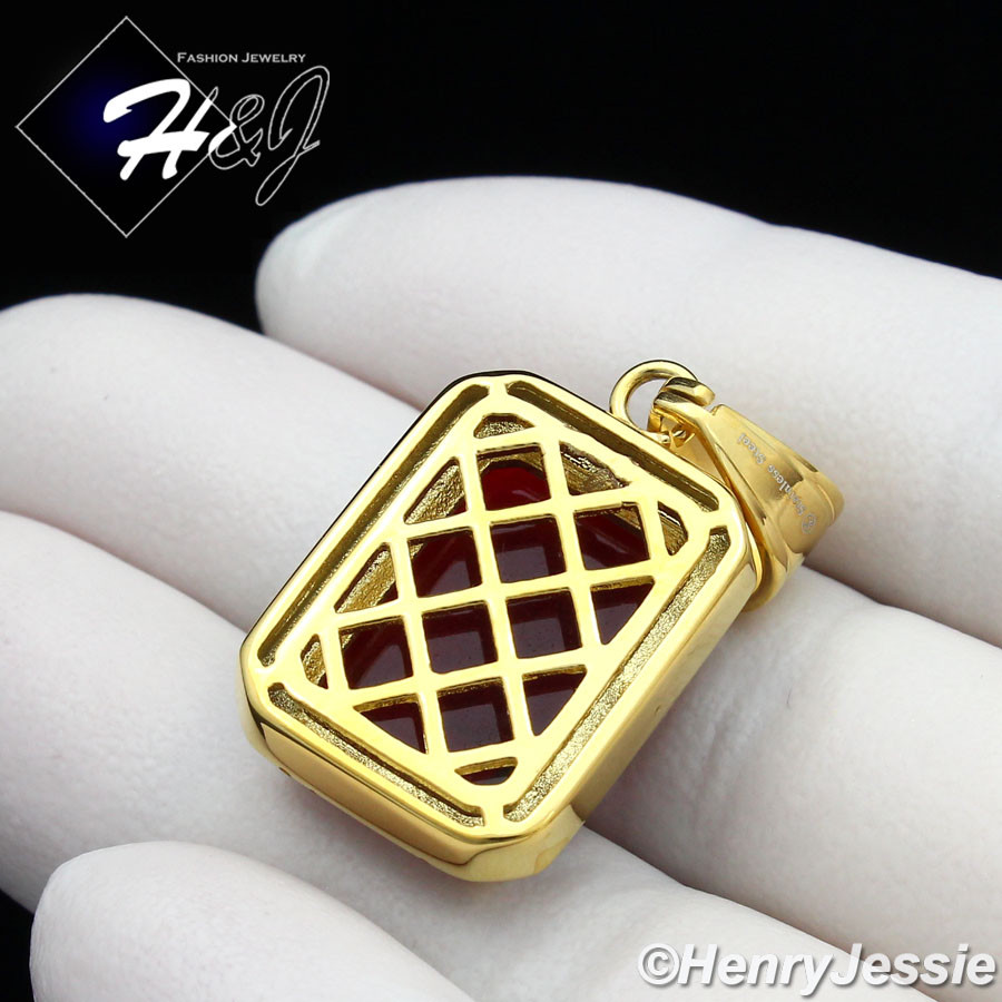 24″MEN Stainless Steel 3mm Gold Plated Box Link Chain Simulated Ruby Pendant*G98