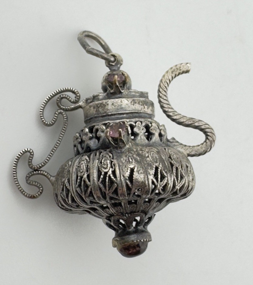 RARE Antique Sterling Filigree Asian Chinese Amethyst Jeweled Teapot Charm
