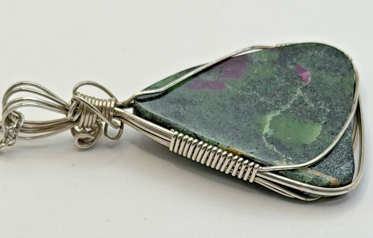 Sterling Silver and Natural Ruby Zoisite Gemstone Artisan Pendant & Necklace