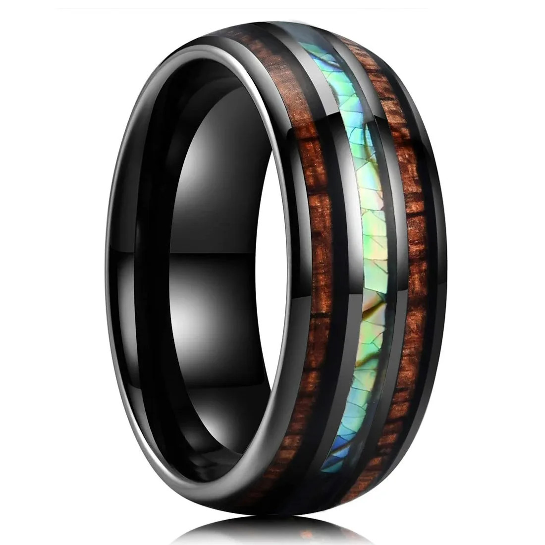 Stainless Steel Abalone Shell Ring 8mm Purple Polished Wedding Band Men