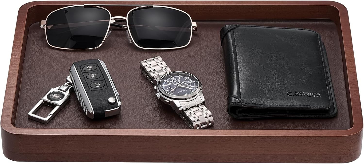 Wooden Valet Tray for Men Catch All EDC Organizer Nightstand Key Wallet Tray