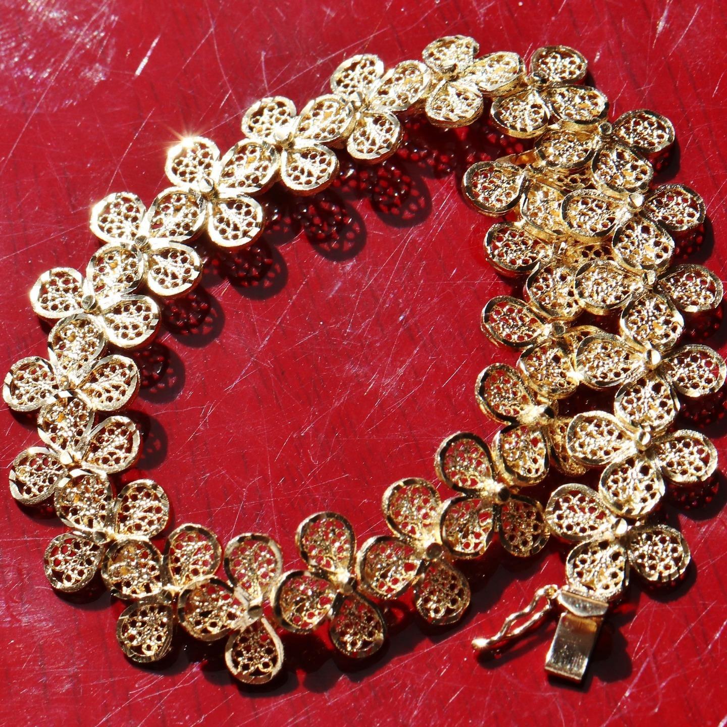 14k yellow gold bracelet 7.25″ diamond cut flower link chain handmade 15.7g N307