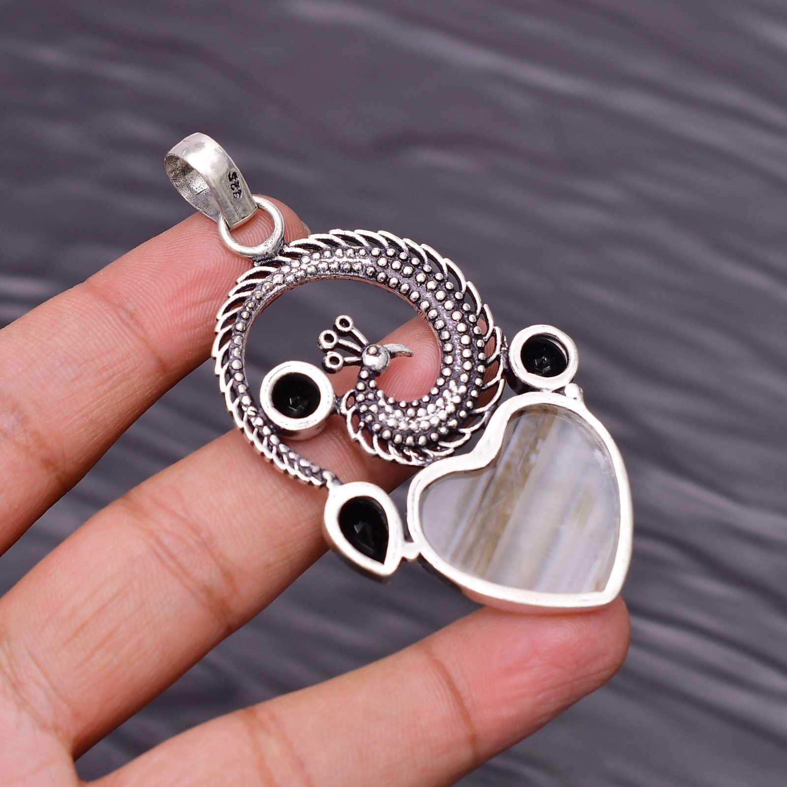 Banded Agate Gemstone 925 Sterling Silver Jewelry Pendant 2.67″