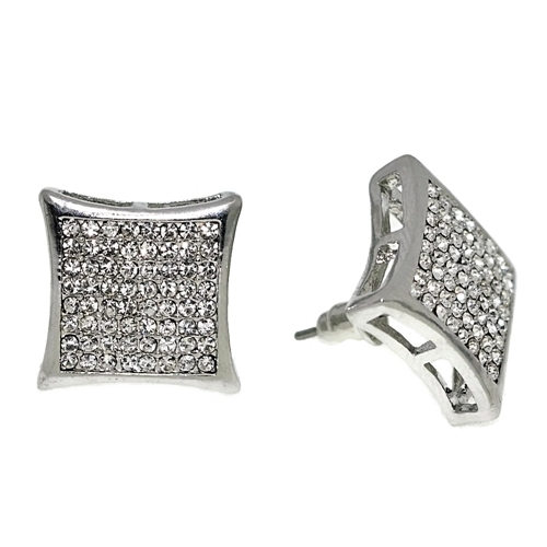 Mens Huge Curve Kite Iced Silver Tone 8 Rows Large Simulated CZ 17 mm Earrings