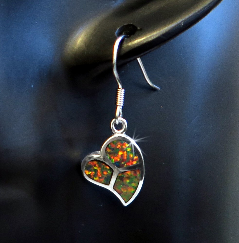 925 REAL SILVER RHODIUM PLATED *** Opal Red Brown Synth. Leaf Earrings 33mm