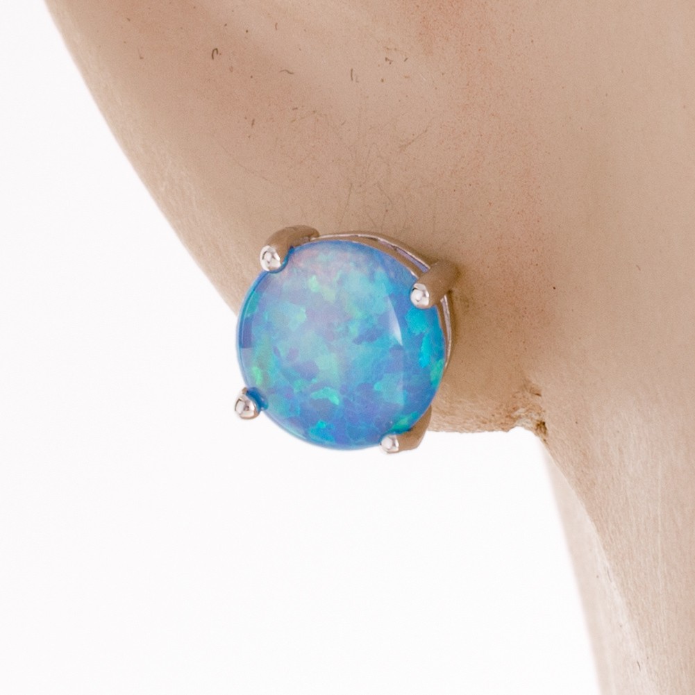 8mm Round Ocean Blue Fire Opal Cabochon Silver Jewelry Simple Stud Earrings