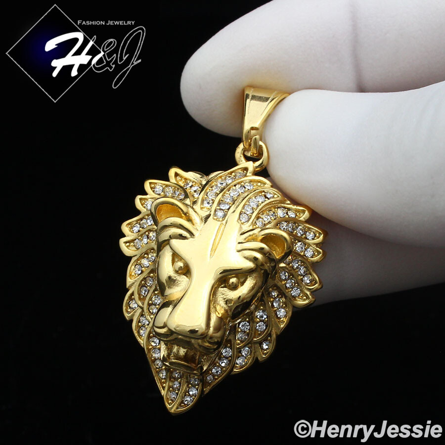 MEN’s Stainless Steel ICY Bling CZ 3D Gold Plated Lion Face Pendant*GP134