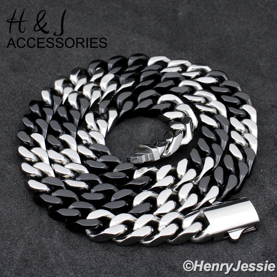16″-40″MEN Stainless Steel 8.5mm Silver/Black Plated Miami Cuban Chain Necklace