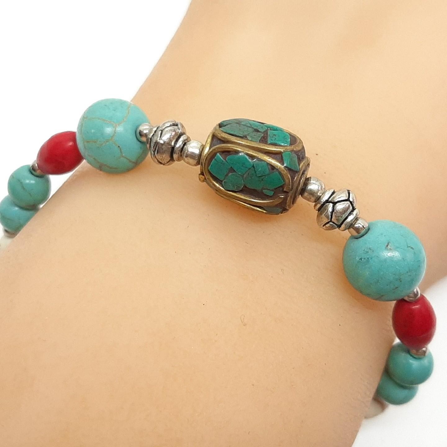 Vintage 24.00ctw Turquoise & Coral Silver Bracelet 12.9g