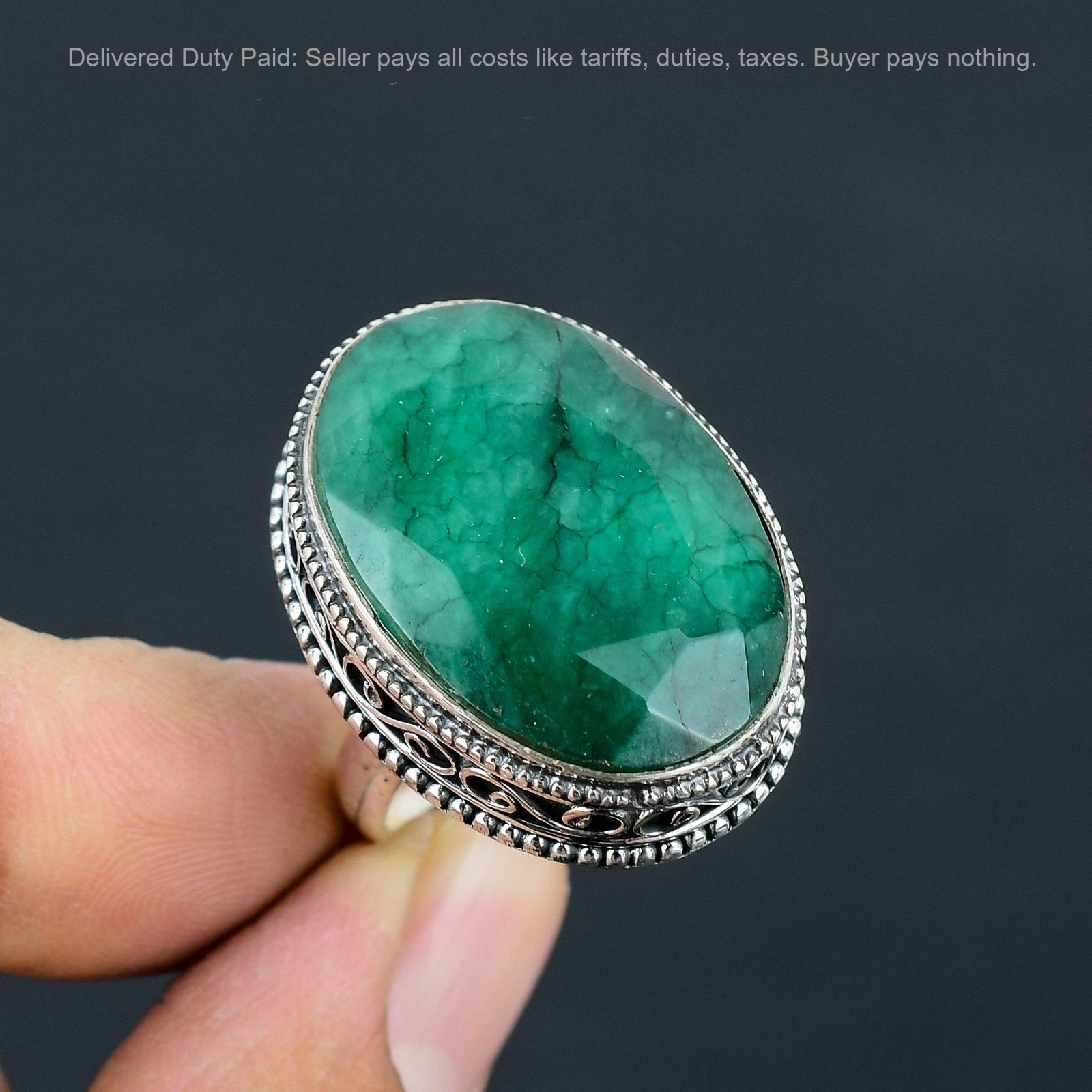 Oval Zambian Emrald Gemstone Sterling Silver Anniversary Statement Vintage Ring