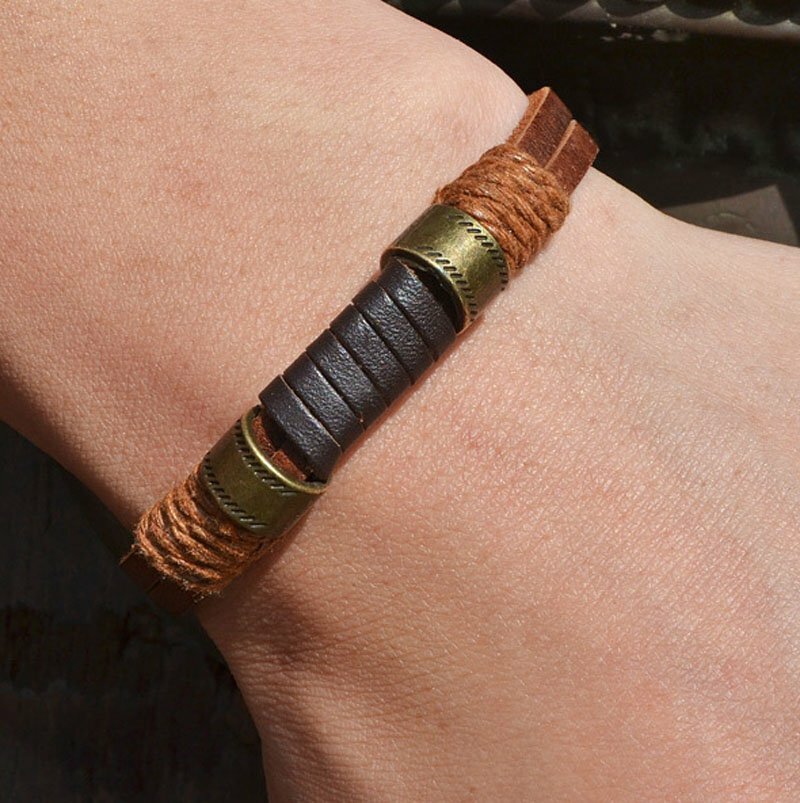 MENDEL 8 Inch Mens Simple Cowboy Copper Leather Bracelet Wristband Cuff For Men