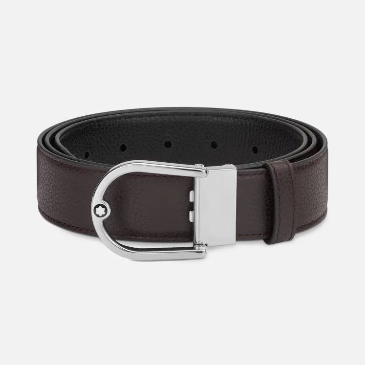 Montblanc Belt Ebony Black Granulated Leather Buckle Horseshoe 198632 Belt