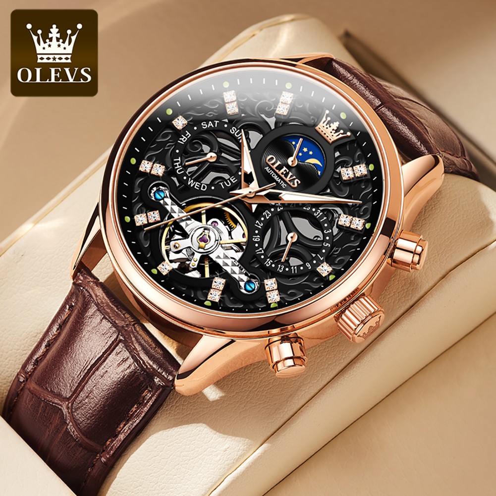 OLEVS Mechanical Watch Date/Week Moon Phase Tourbillon Men Wristwatch