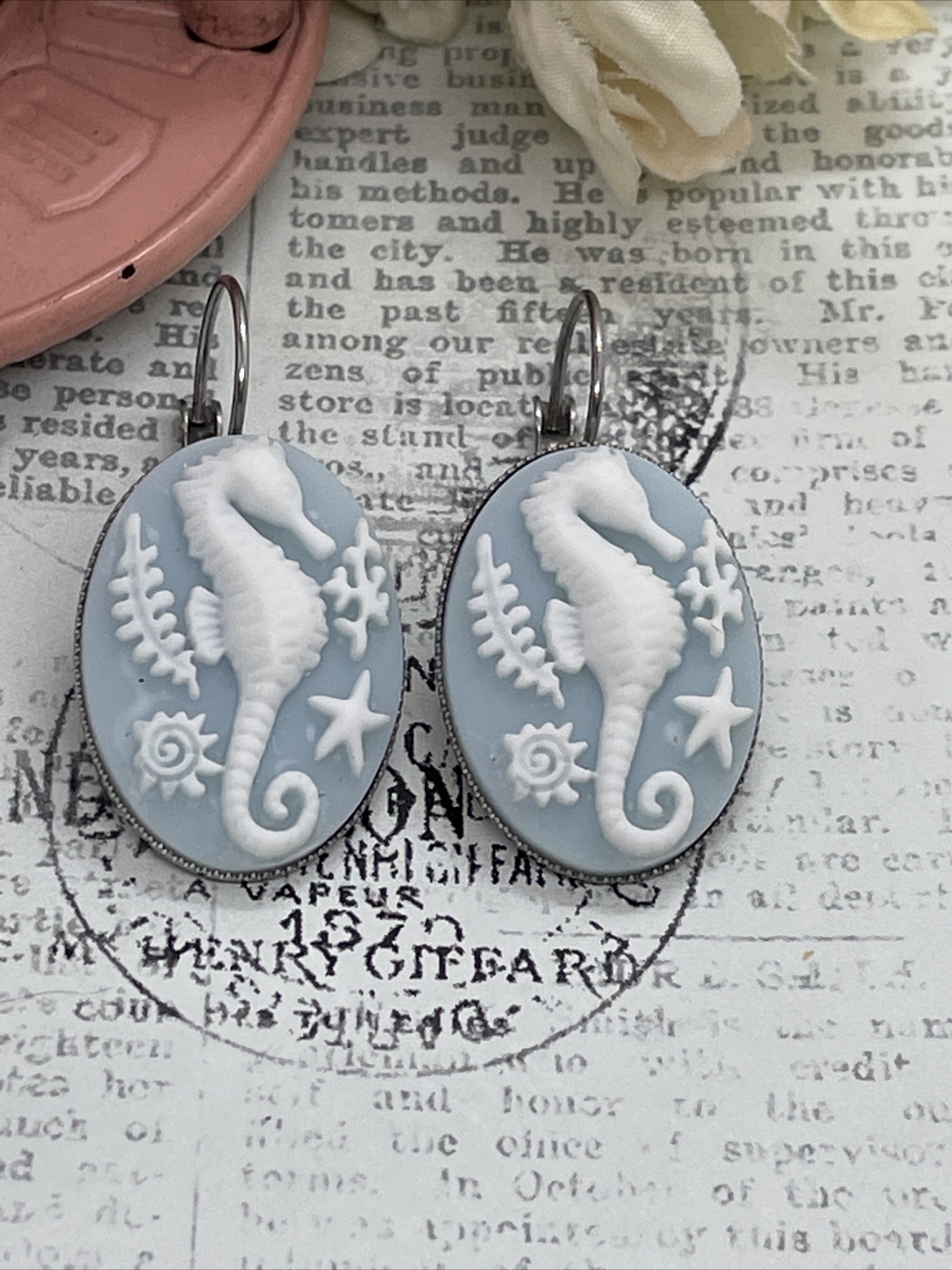 Seahorse Blue Silver Wedding Gift Anniversary Earrings Cameo Birthday Sea Life