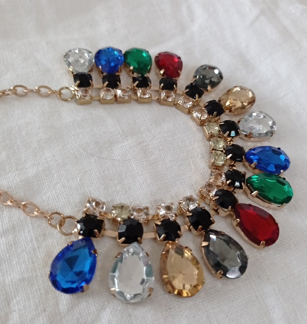 Retro Gold Tone Faceted Clear/Black&Multicolour Rhinestone Beads Necklace-L47cm