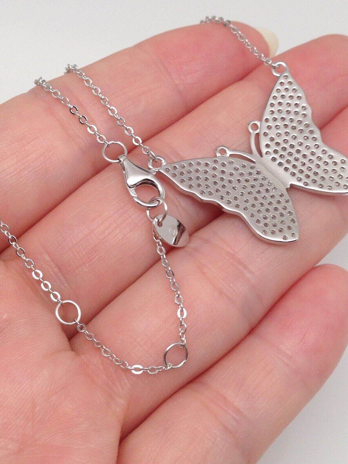 925 Sterling Silver CZ Butterfly Pendant Necklace Pave 25mm(0.98′) 16.75″