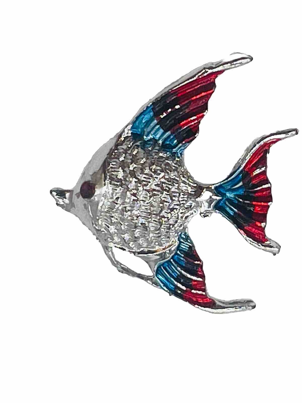Vintage Angel Fish Pin Brooch Patriotic Red Blue White Silver Tone Tropical