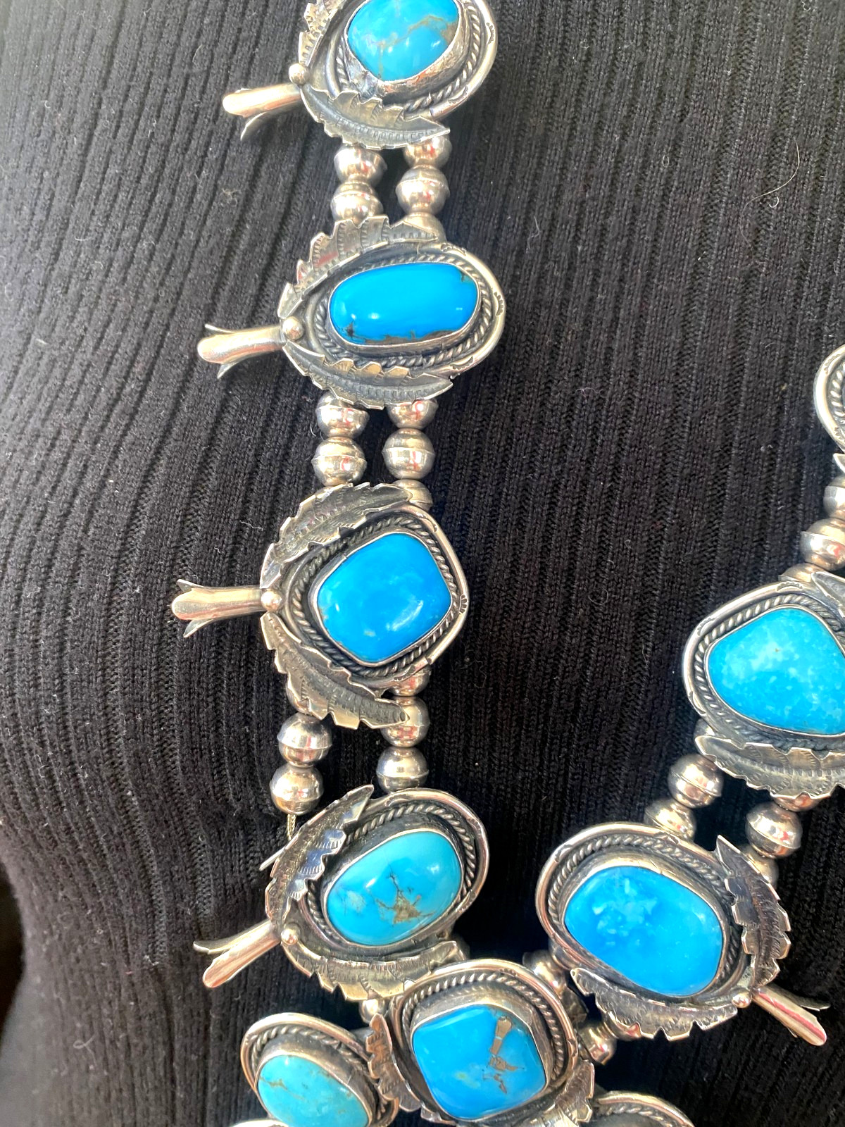 Turquoise Squash Blossom Necklace Vintage Sterling 275g