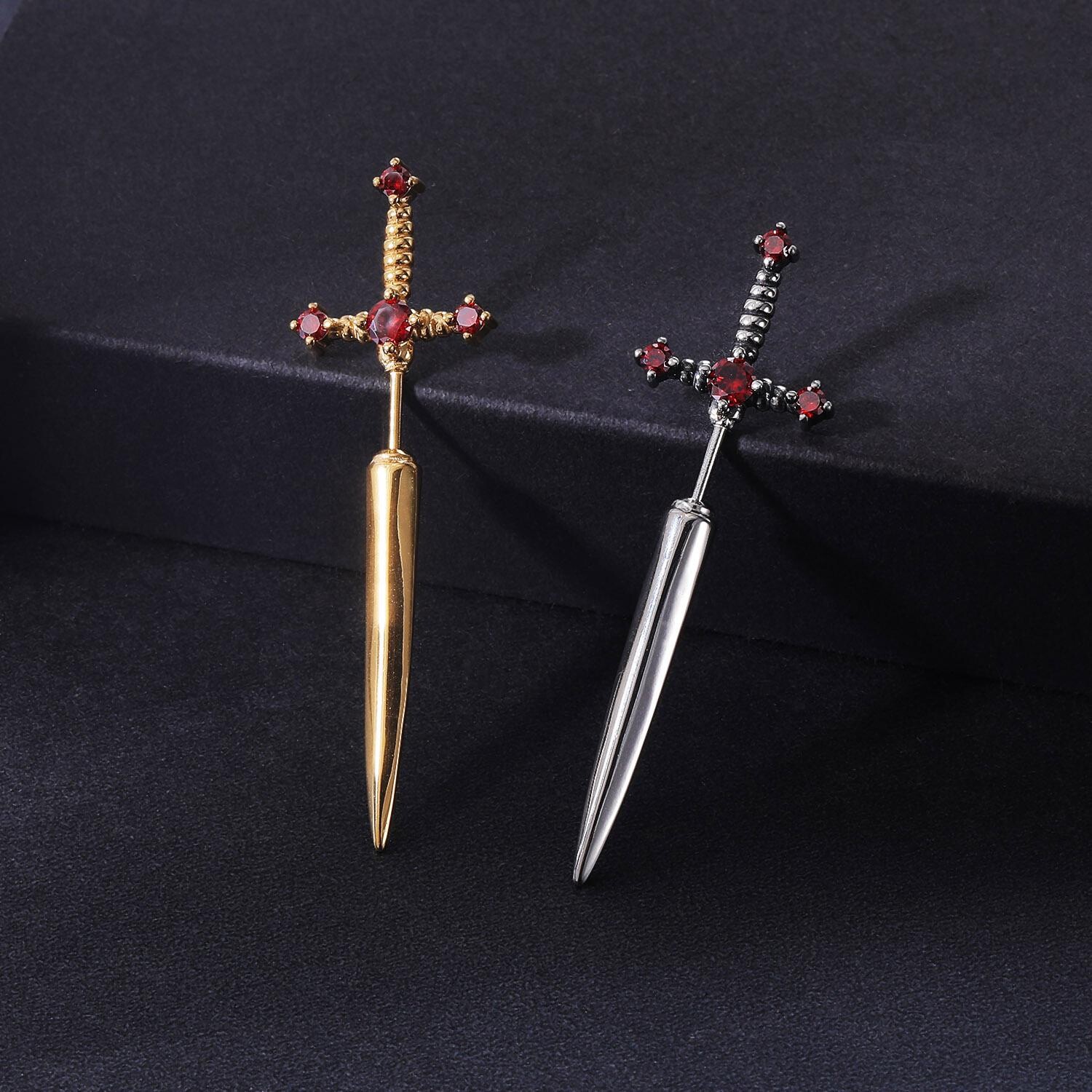 20G Punk Stainless Steel Stud Earrings CZ Dagger Sword Ear Stud Piercing Jewelry