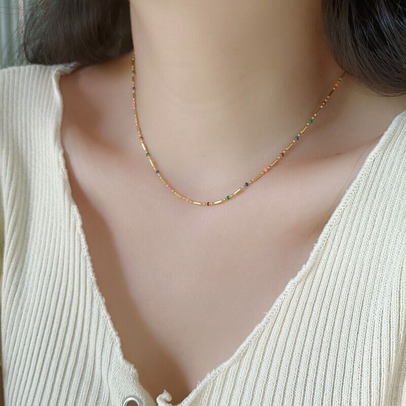 Woman 18K Gold Plated Stainless Steel Enamel Multicolor Bead Oval Necklace Chain