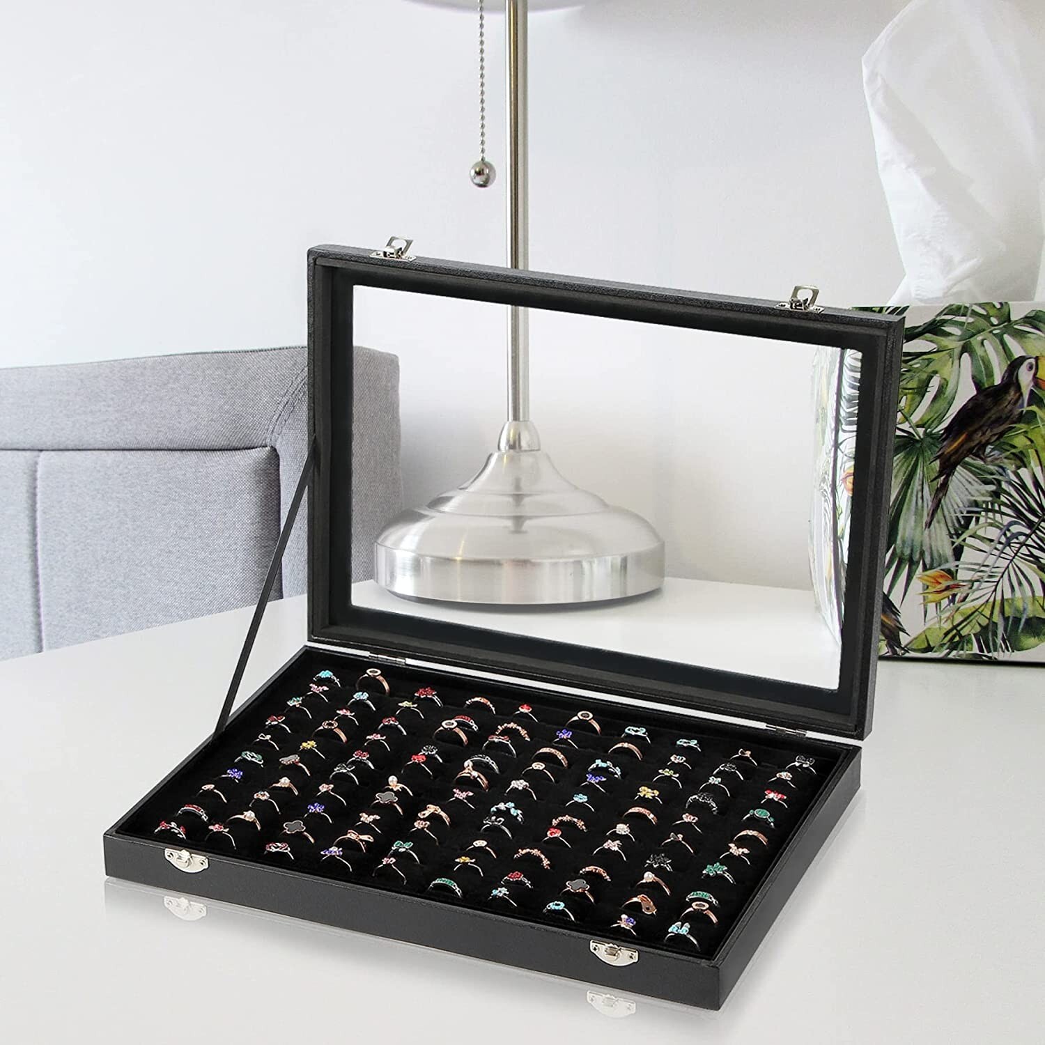 Black 100 Slots Ring Organizer Box,Ring Display Case Storage Box with clear lid