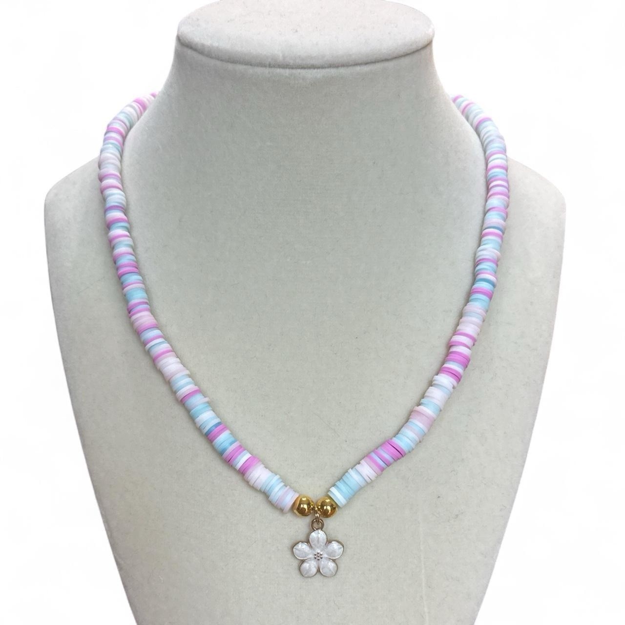 Pastel pink/blue necklace w/flower charm Clay beads Homade 17-20.5 in