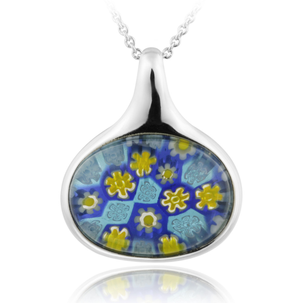 925 Silver Blue Millefoiri Glass Oval Necklace, 18″