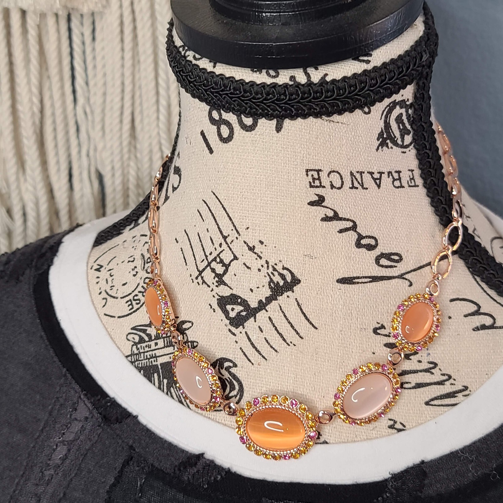 7 Charming Sisters Pink, Orange & White Moonstone, Crystal & Rose Gold Necklace