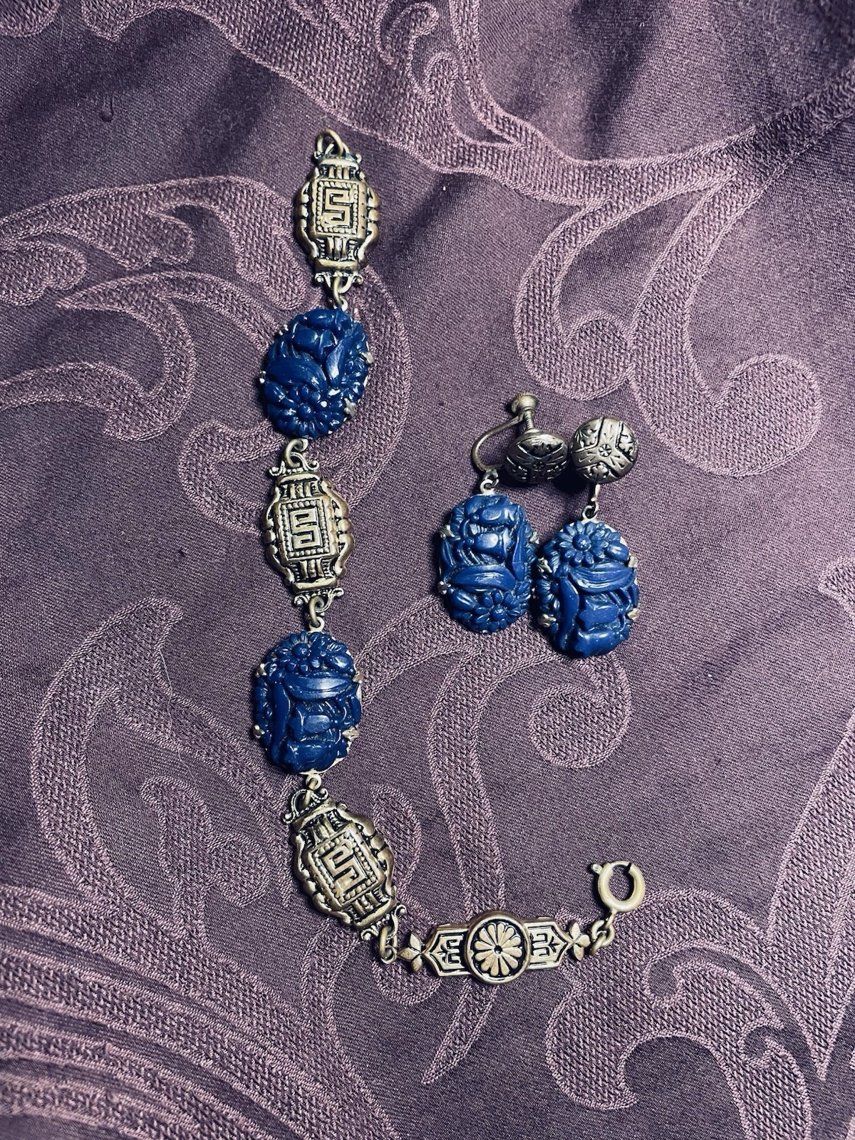 Antique Art Deco Blue Molded Glass Bracelet Screw Earrings Egypt Gold Tone Set