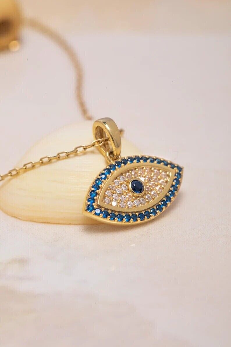 1.90Ct Round Simulated Sapphire Evil Eye Fancy Pendant In 14K Yellow Gold Plated