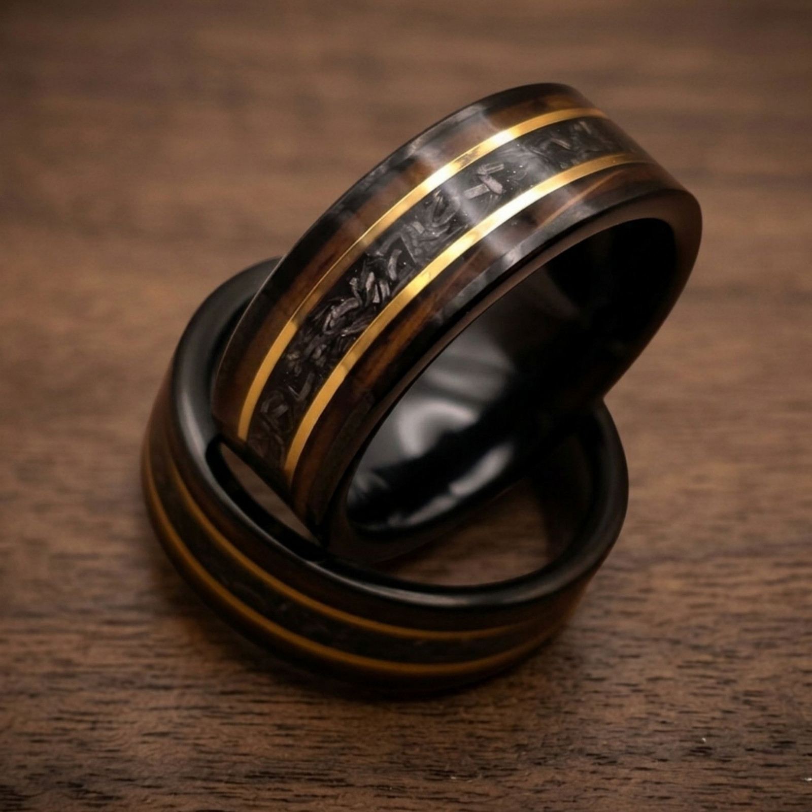 Meteorite Whiskey Barrel Wood Ring Black Tungsten Mens Wedding Band 8mm