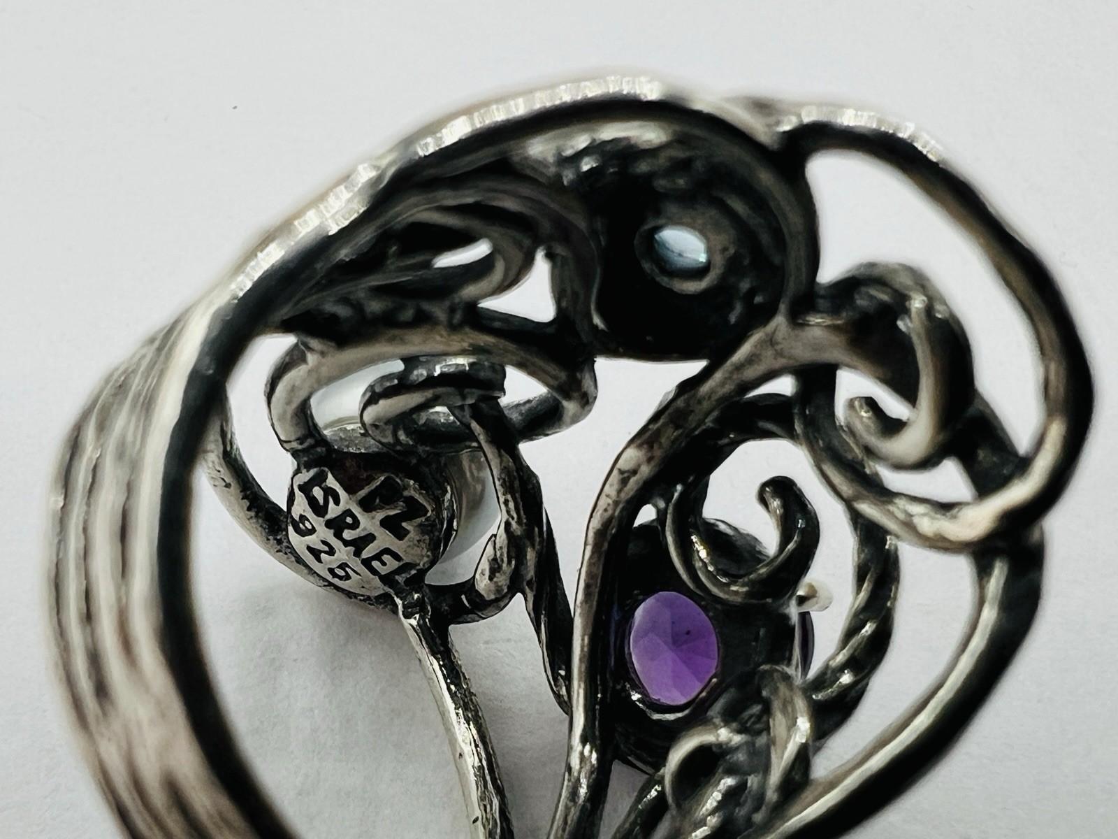 PZ Paz Creations Sterling Silver Pearl Amethyst Topaz Brutalist Split Shank Ring