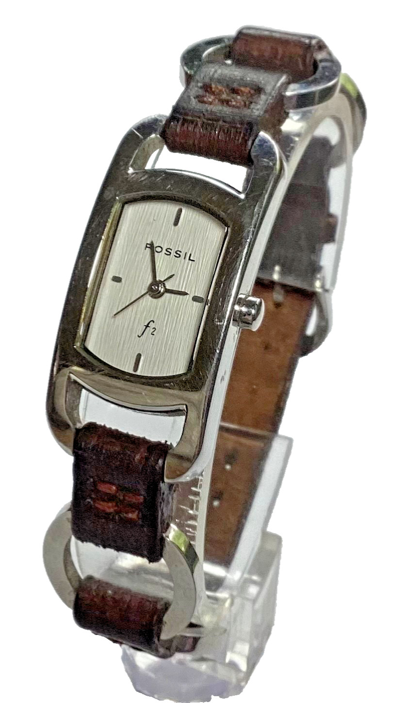 Fossil F2 Silver Tone Watch ES-9516 Brown Leather & SS Band WR 30M New Battery