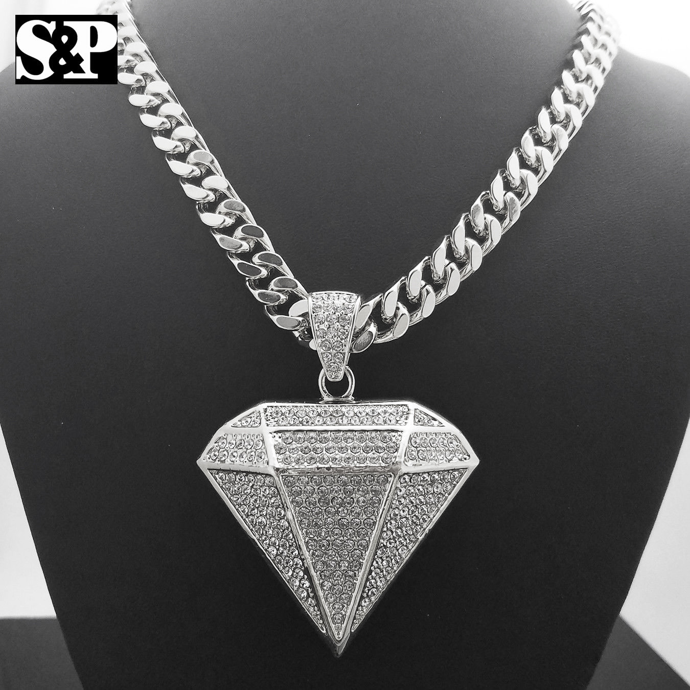 Silver Plated Alloy Cubic Zirconia Big Diamond Shape & 30″ Cuban Chain Necklace