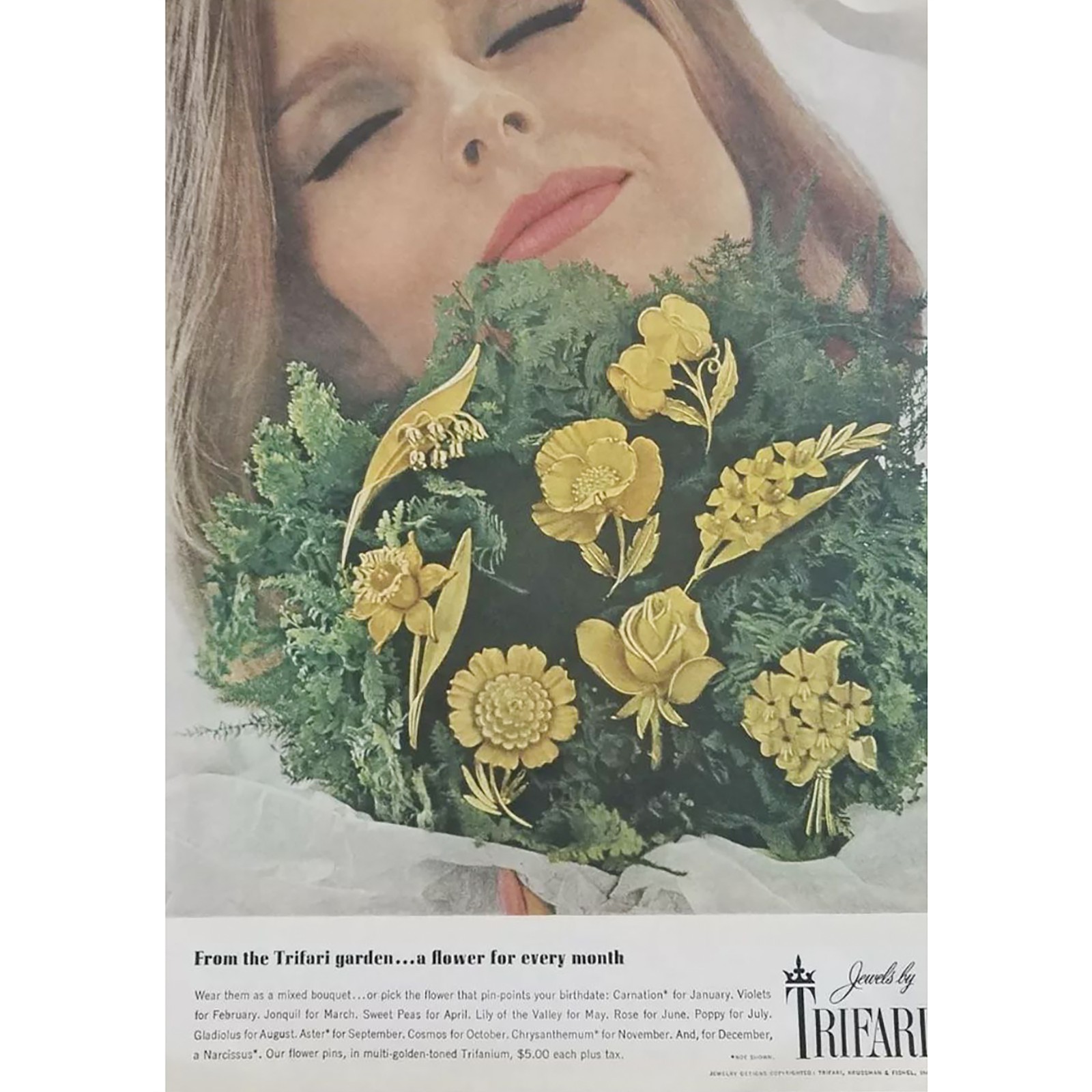 Vintage Crown Trifari Rare Flower For Every Month Gold Tone Cosmos Brooch 1960s