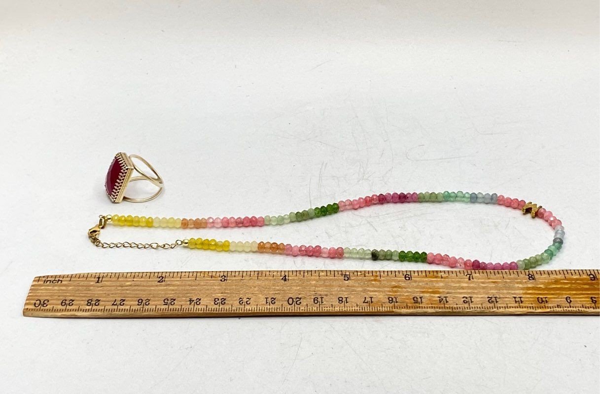 Sterling Silver 925 Multi Gemstone Beaded Necklace Initial M Ring Set Size 6