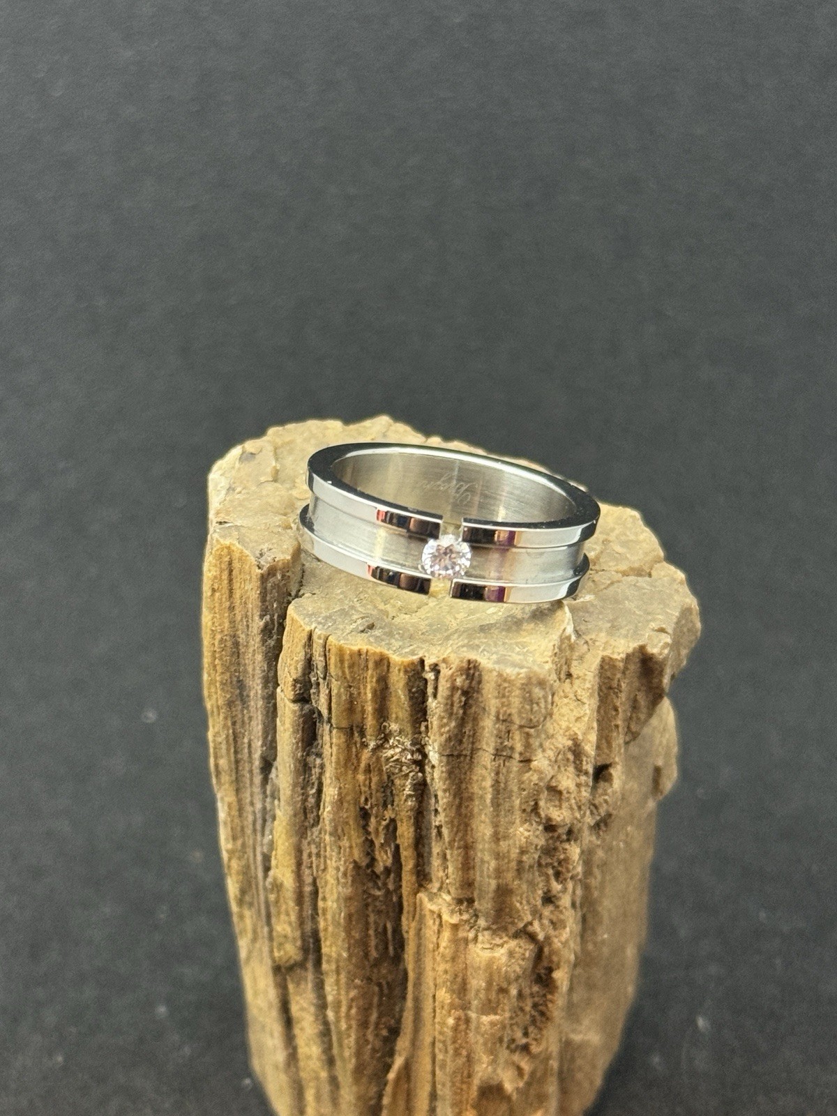 Floating CZ Open Face Ring Stainless Steel 6mm Matte and High Polish Finish