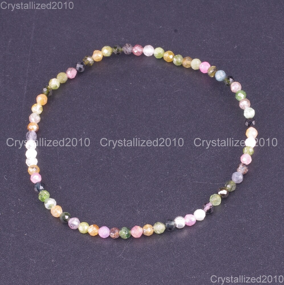 Natural Faceted Round Gemstone 2mm 3mm 4mm Handmade Beads Stretchy Bracelet 925
