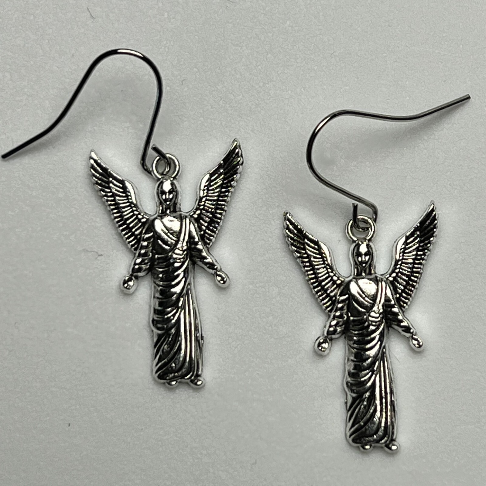 Silver Tone French Hook Etched Angel Charms Dangle Earrings. Heaven. S927
