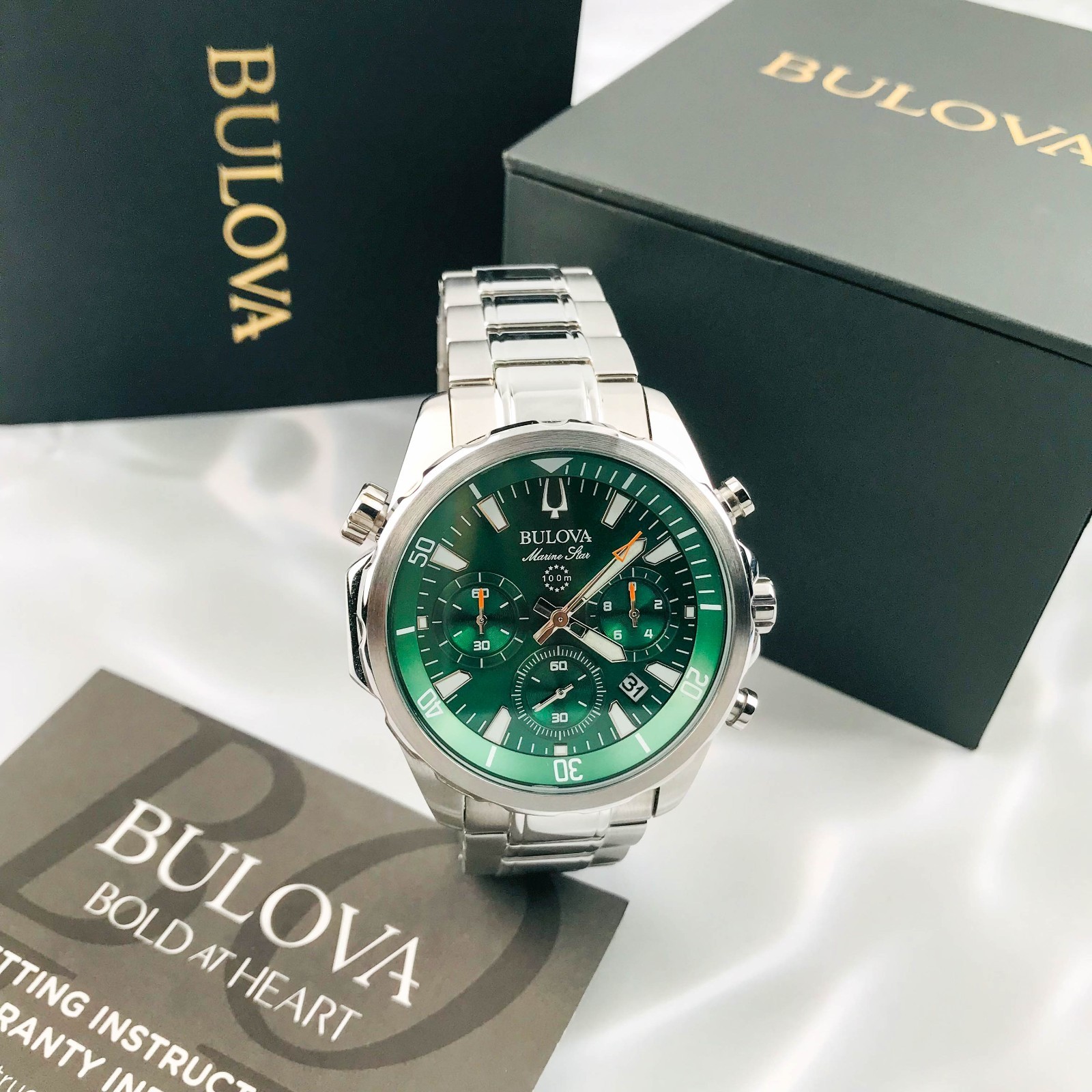 Bulova Marine Star 96B396 Green Dial Chronograph Steel Men’s Quartz Watch 43mm