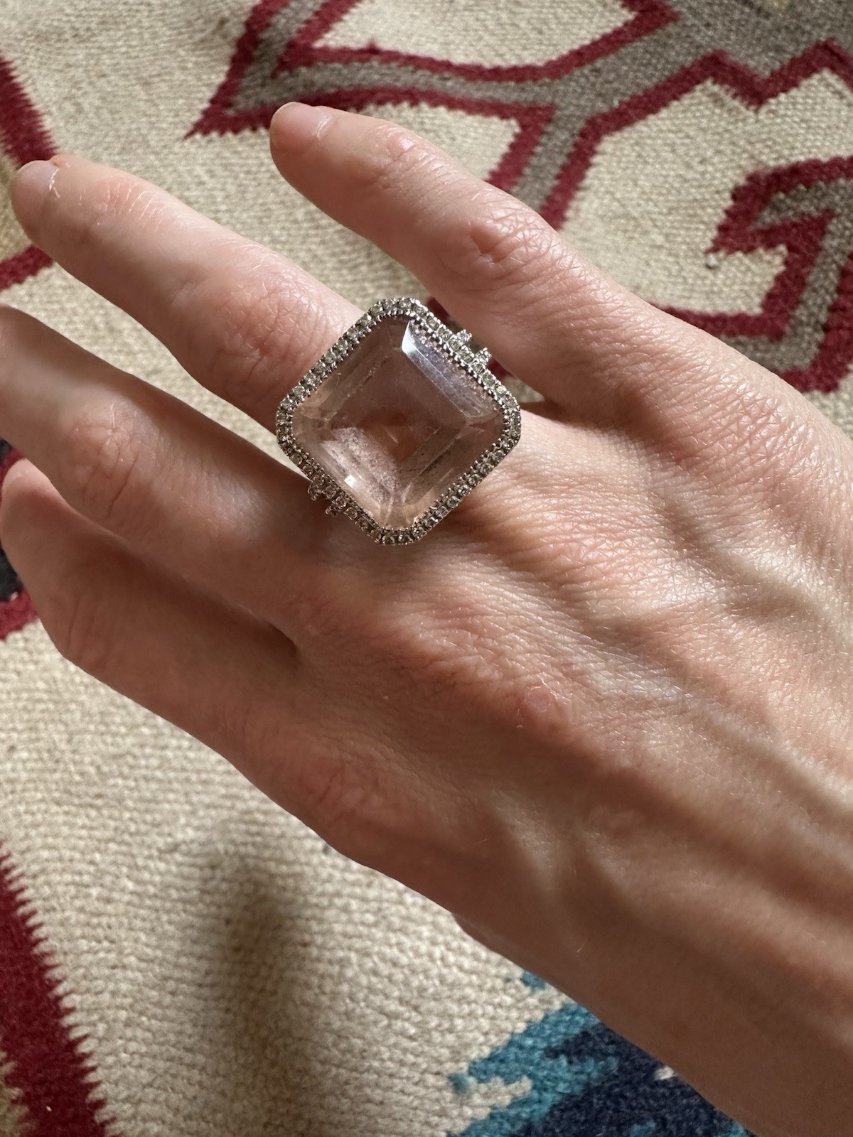 Vintage Estate 18k White Gold Pink Topaz And Diamond Cocktail Ring 4.5
