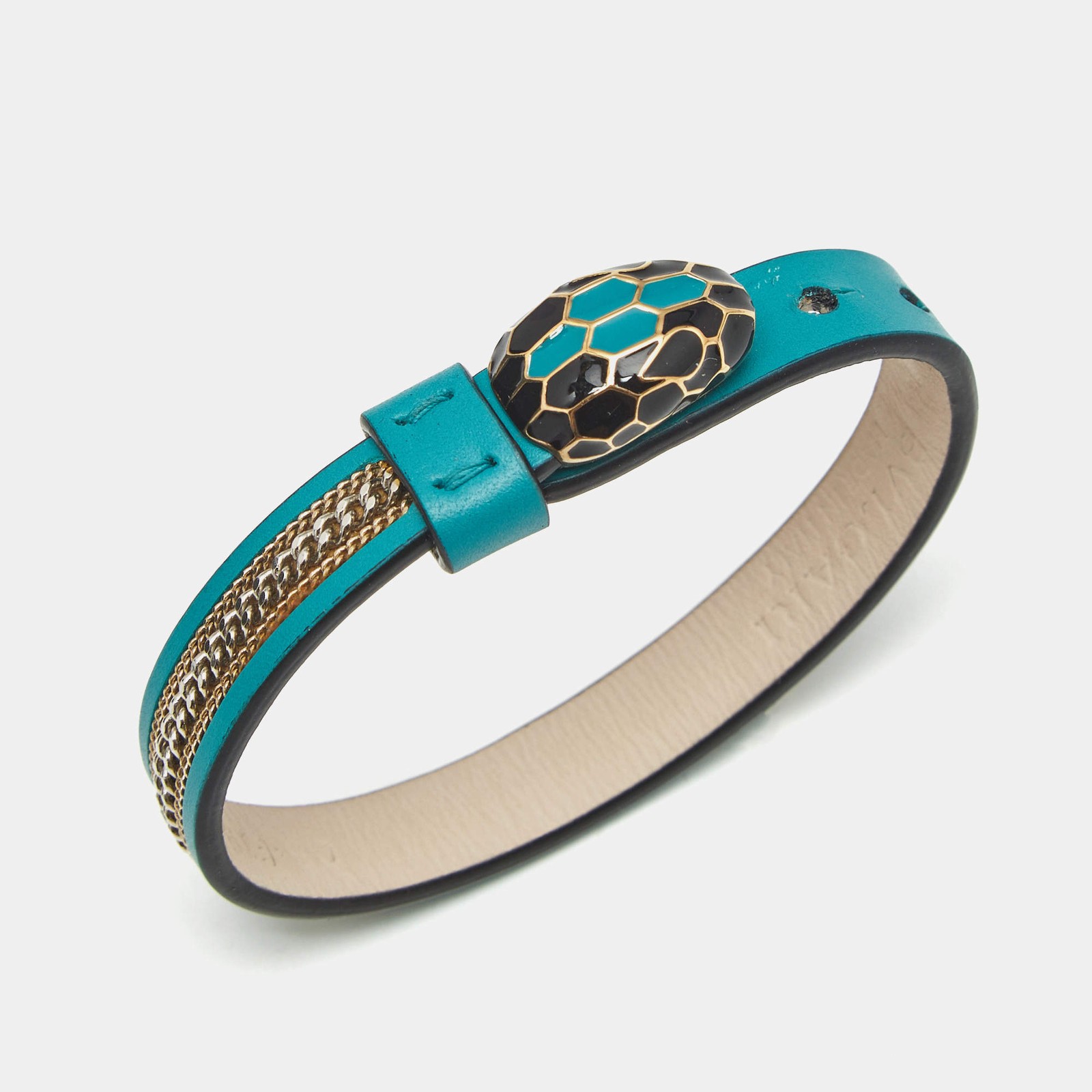 Bvlgari Serpenti Forever 3 Chain Motif Enamel Green Leather Two Tone Metal
