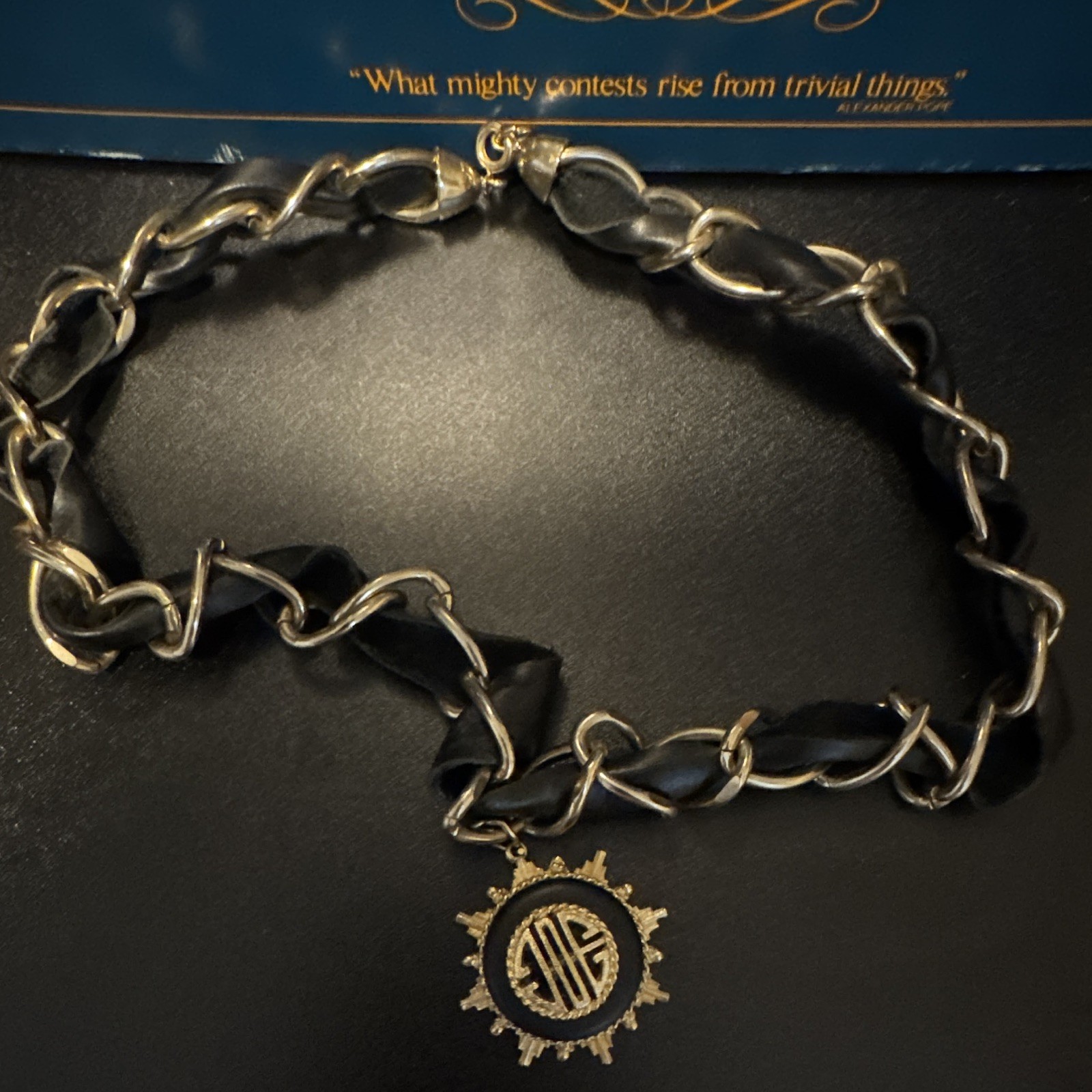 Vintage Black Leather Link Chain Necklace Gold Tone Round Medal Pendant