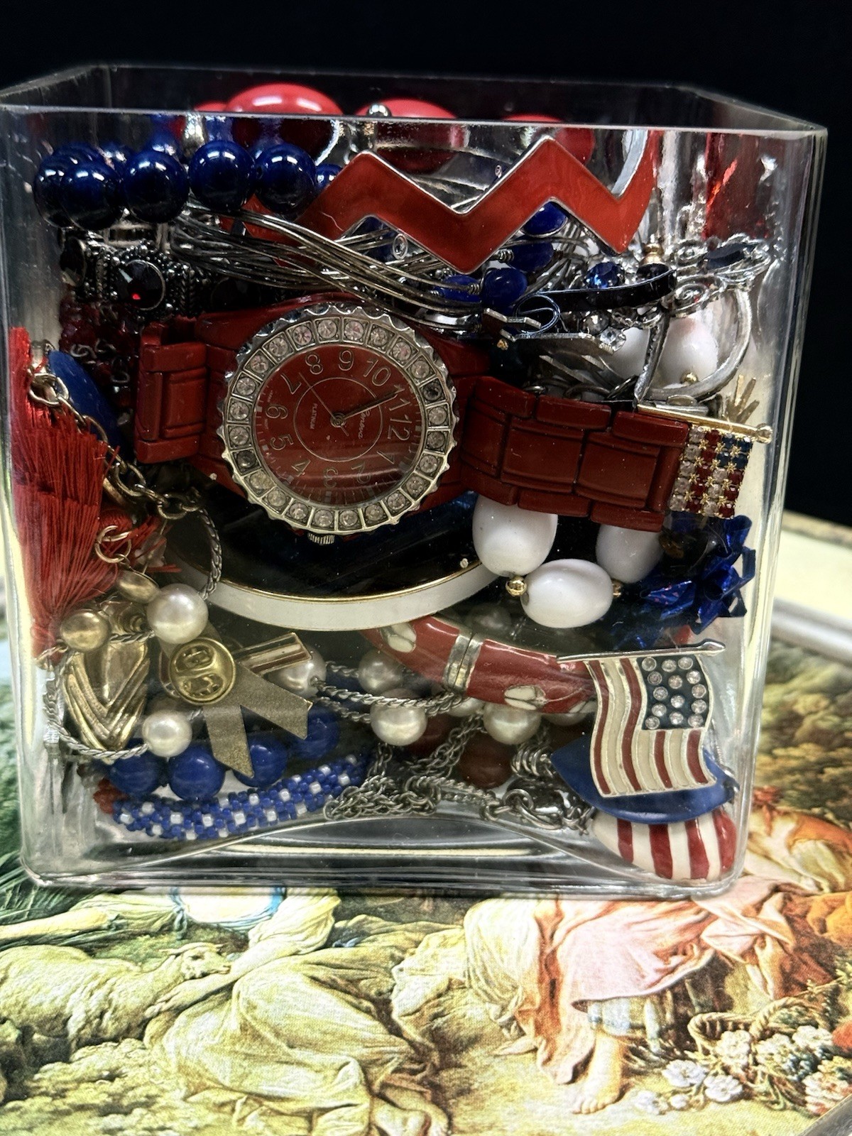 Patriotic Theme Jewelry Jar with All Wearable Pieces Great Gift
