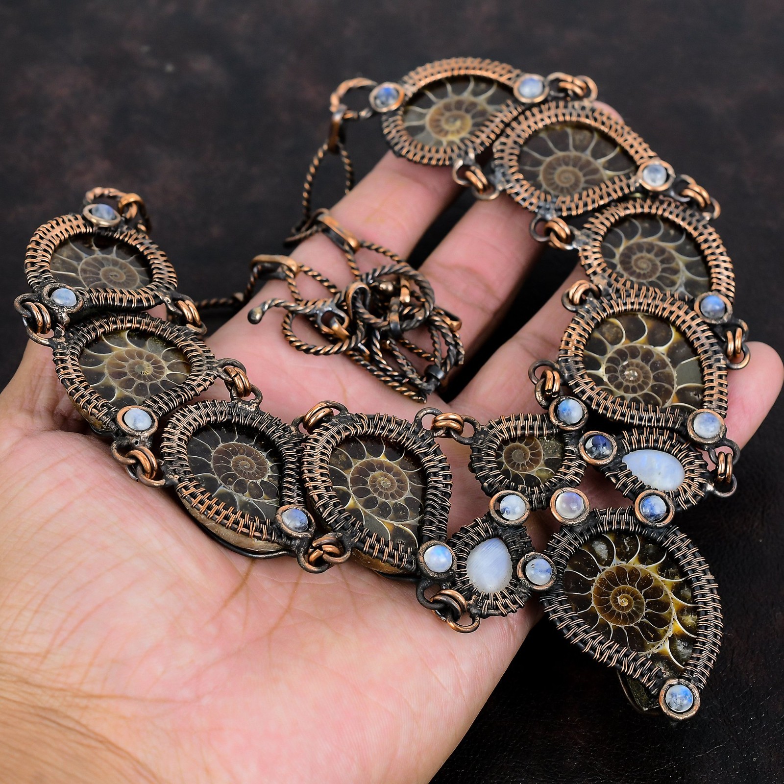 Ammonite Fossil Gemstone Necklace Copper Wire Wrap Moonstone Adjustable Necklace
