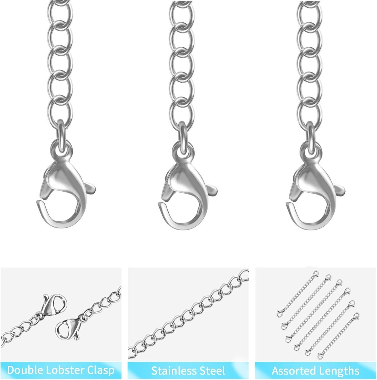 12-Piece Stainless Steel Necklace Extenders – Multiple Lengths, Silver