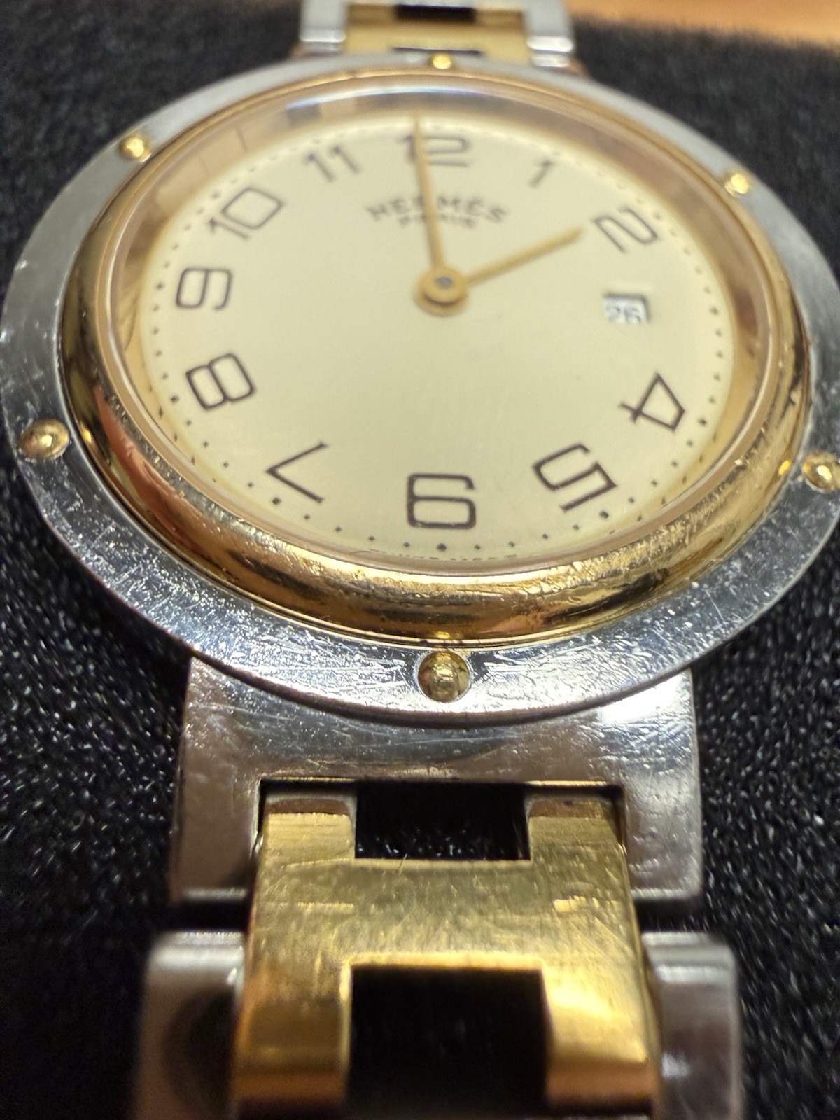 Hermes Clipper Watch Two Tone 30mm With Box Stainless Steel Ladies Authentic
