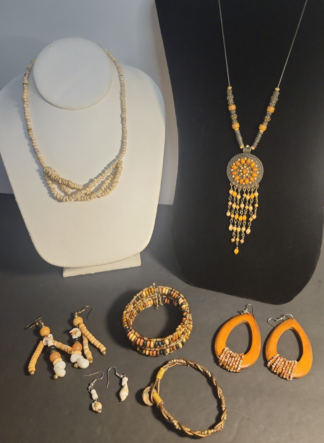 Neutral Tone Jewelry Sets Beige Wood Beaded Mixed Lot of 7 Pieces